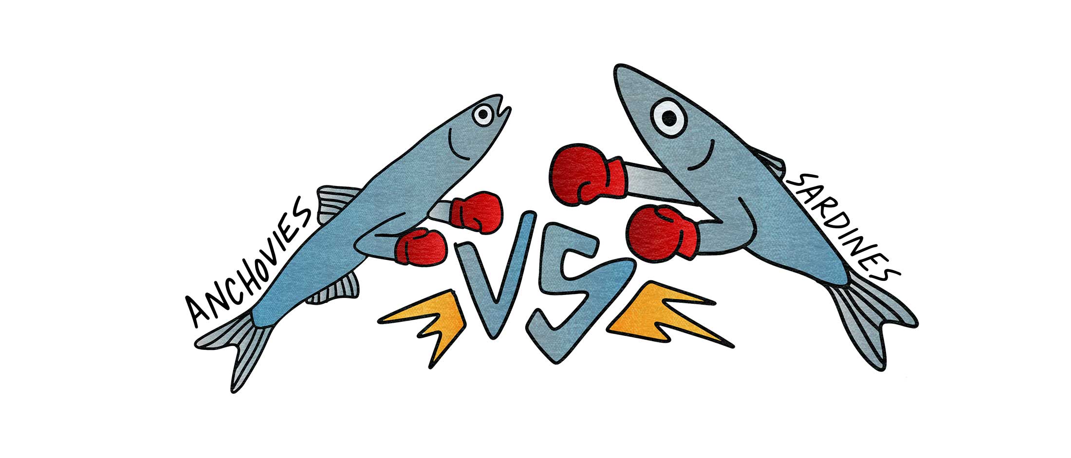 Illustration of a sardine and anchovy boxing